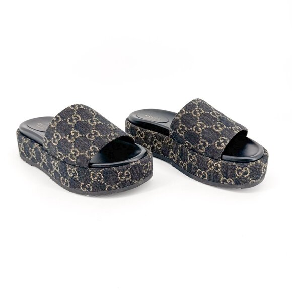 Gucci Angelina Black GG Logo Denim Platform Slide Sandals Size 38 US 8 Women's - Picture 1 of 15